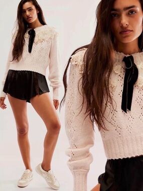 Free People Dainty Coquette Lace Collar Hold Me Closer Sweater Large